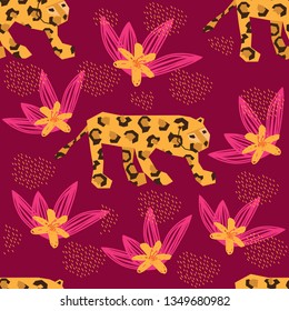 Vector seamless pattern with walking leopard and tropical flowers. Modern jungle design template for cards, posters, prints, textile, banners, clothers, invitations. Colorful, trendy style, paper cut.