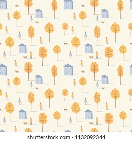 Vector seamless pattern of walking people with dogs among yellow trees and houses. Autumn mood.