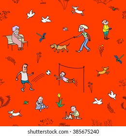 The vector seamless pattern with walking and resting people