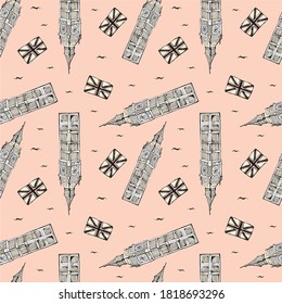 vector seamless pattern or wallpaper with big ben, flag and birds hand drawn outline on pink and beige background