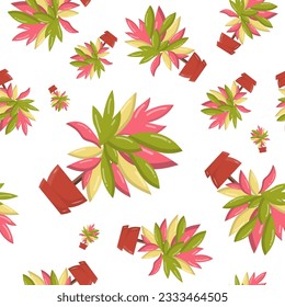 Vector seamless pattern for wallpaper, covers, notebooks, bright cartoon croton in a pot, volume picture, chaotic flowers. Colorful background template for presentation. Illustration of home floral