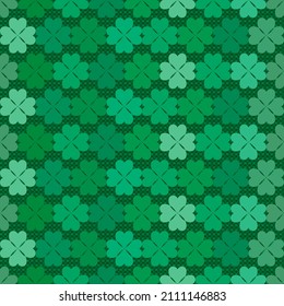 Papel de paredes de patrón vectorial sin fisuras de cuatro trébol de trébol de hoja con diseño de fondo de mosaico verde para el día de San Patricio. Acondicionamiento de papel raspador de tela de moda estera de alfombra decoración textil etc. 