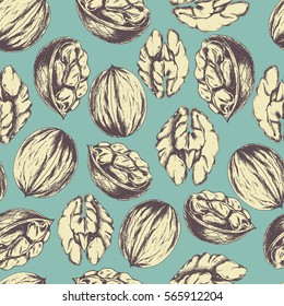 Vector seamless pattern with walnut on vintage green. Hand drawn healthy food illustration in retro style for print, fabric, wrapping, menu and other design. Ingredients in engraved sketch.