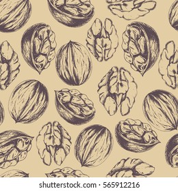 Vector seamless pattern with walnut on beige. Hand drawn healthy food illustration in vintage style for print, fabric, wrapping, menu and other design. Ingredients in engraved sketch.