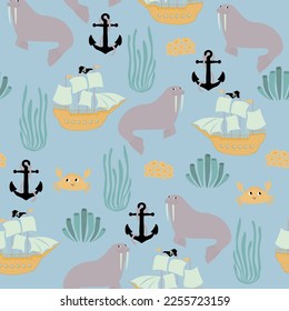 Vector seamless pattern with walrus, ship, crab, anchor, seaweed.Underwater cartoon creatures.Marine background.Cute ocean pattern for fabric, childrens clothing,textiles,wrapping paper