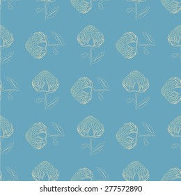 Vector seamless pattern of waratah flower. Golden outline on blue. Unique and elegant background for website, digital scrapbook, wallpapers, textile, upholstery and wrapping paper