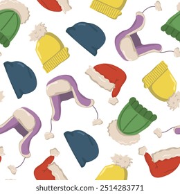 Vector seamless pattern with warm hats. Winter background for wallpaper and packaging. An image of winter hats.