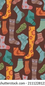 Vector seamless pattern with warm socks. Texture with knitted clothes. Wallpaper with stockings and golfs. Flat hand drawn background.