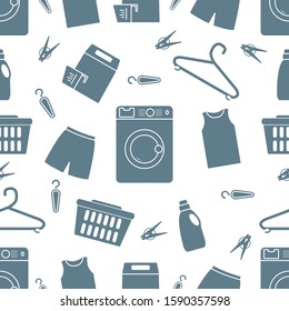 Vector seamless pattern Washing machine, laundry basket, laundry detergents, hanger, clothespins, clothes. Washing clothes. Domestic household chores, laundromat tasks Laundry service Design for print