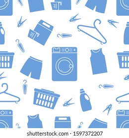 Vector seamless pattern Washing machine, laundry basket, laundry detergents, hanger, clothespins, clothes. Washing clothes. Domestic household chores, laundromat tasks Laundry service Design for print