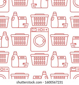 Vector seamless pattern Washing machine, laundry basket, washing powder, liquid. Washing clothes concept. Domestic household chores, laundromat tasks Laundry service Design for wrapping, fabric, print