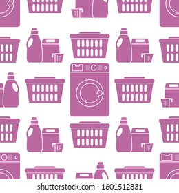 Vector seamless pattern Washing machine, laundry basket, washing powder, liquid. Washing clothes concept. Domestic household chores, laundromat tasks Laundry service Design for wrapping, fabric, print