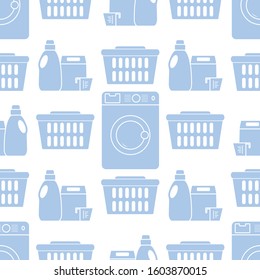 Vector seamless pattern Washing machine, laundry basket, washing powder, liquid. Washing clothes concept. Domestic household chores, laundromat tasks Laundry service Design for wrapping, fabric, print