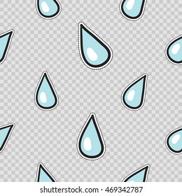 Vector seamless pattern with water drop. Hand drawn cute and funny fashion illustration patches or stickers kit. Modern doodle pop art sketch badges and pins