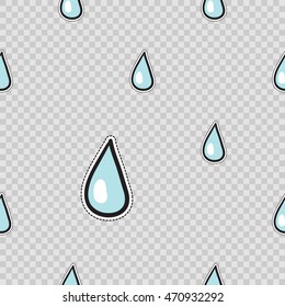 Vector seamless pattern with water drop. Hand drawn cute and funny fashion illustration patches or stickers kit. Modern doodle pop art sketch badges and pins
