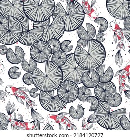 Vector seamless pattern with water lilies lotus leaves and Japanese carps, koi fishes.