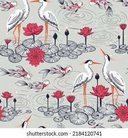 Vector seamless pattern with water lilies lotus flowers, cranes and japanese carps.