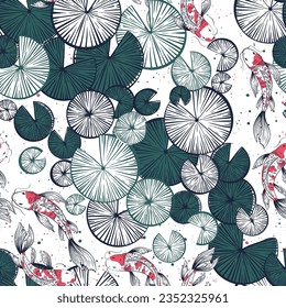 Vector seamless pattern with water lilies lotus leaves and Japanese carps, koi fishes.