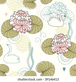 Vector seamless pattern of water lilies and swans