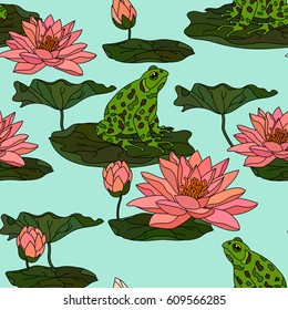 Vector seamless pattern with water lily and the frog. Beautiful flowers on the water.