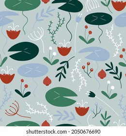 Vector seamless pattern with water pond plants, water lily and leaves