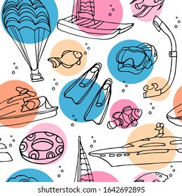 Vector Seamless Pattern With Water Sports Equipment On White Background With Color Circles. Scooter, Flippers, Mask, Snorkel, Water Parachute, Catamaran, Boat. Doodle Illustration In Black Ink.
