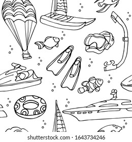 Vector Seamless Pattern With Water Sports Equipment On White Background. Water Scooter, Flippers, Mask, Snorkel, Water Parachute, Catamaran, Boat.  Active Vacation Concept. Doodle Illustration In Black Ink.