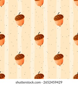 Vector Seamless pattern watercolor acorn in warm autumn tones. Perfect for cozy seasonal designs, fabric prints, and Thanksgiving decorations.