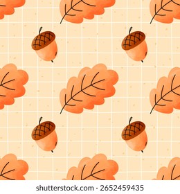 Vector Seamless pattern watercolor acorn and oak leaf in warm autumn tones. Perfect for cozy seasonal designs, fabric prints, and Thanksgiving decorations.
