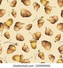 Vector seamless pattern. Watercolor acorns on beige background. Handmade vector image for wrapping, wallpaper or covers.