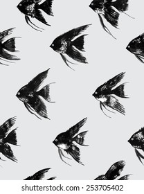 Vector seamless pattern with watercolor black angelfish on gray background