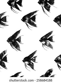 Vector seamless pattern with watercolor black angelfish on white background