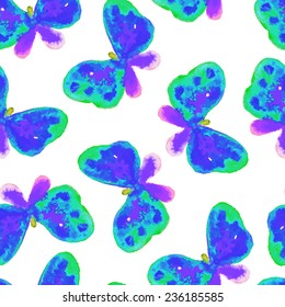 Vector seamless pattern with watercolor blue butterflies. Colorful background with butterflies. 