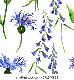 vector seamless pattern with watercolor blue flowers of cornflowers, hand drawn background, floral ornament