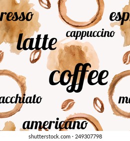 Vector seamless pattern with watercolor coffee beans, coffee blots and splashes