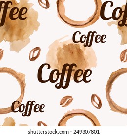 Vector seamless pattern with watercolor coffee beans, coffee blots and splashes