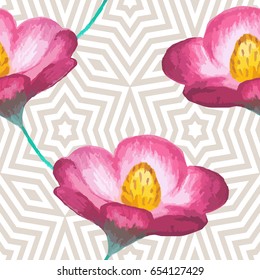 Vector seamless pattern with watercolor cosmos flowers. Stylish floral repeat texture, summer illustration with blooming pink asters on striped background. Design for prints, fabric, wrapping, cloth