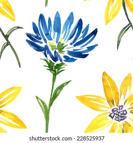 vector seamless pattern with watercolor drawing flowers, hand drawn  background