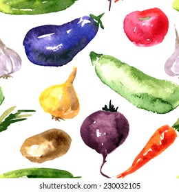 Vector seamless pattern with watercolor drawing vegetables, hand drawn food illustration