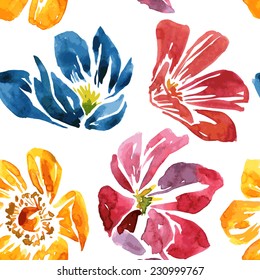 vector seamless pattern with watercolor drawing flowers, hand drawn floral background