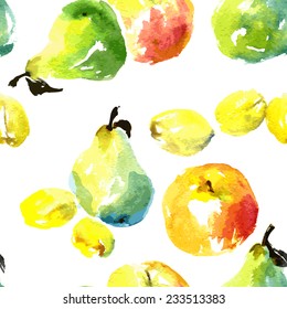 Vector seamless pattern with watercolor drawing fruits,hand drawn  illustration
