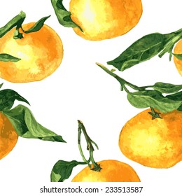 vector seamless pattern with watercolor drawing tangerines,hand drawn  illustration