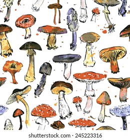 Vector seamless pattern with watercolor drawing mushrooms, hand drawn illustration