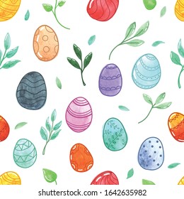 vector seamless pattern, watercolor easter eggs with pattern and twigs