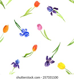 vector seamless pattern with watercolor garden flowers, hand drawn illustration, floral ornament