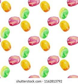 Vector Seamless pattern of watercolor Green yellow pink spots . Rainbow wallpaper. Cool print. Modern design. Creative style. On white background.