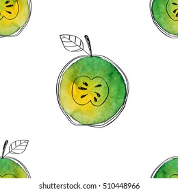 Vector Seamless pattern of watercolor green apple with black hand-drawn elements. On white background. Grouped and isolated. Modern design. Creative style.