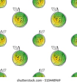 Vector Seamless pattern of watercolor green apple with black hand-drawn elements. On white background. Grouped and isolated. Modern design. Creative style.