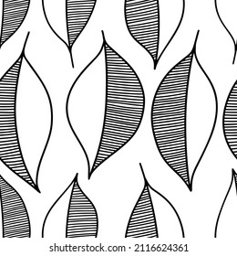 Vector seamless pattern with watercolor hand drawn leaves. Black and white outline background. Trendy scandinavian design concept for fashion textile print. Nature illustration.