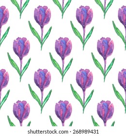 Vector seamless pattern of watercolor hand drawn violet isolated flowers on white background. Floral design element for card, cover, wallpaper, print, poster, scrapbook, decor. Nature illustration.